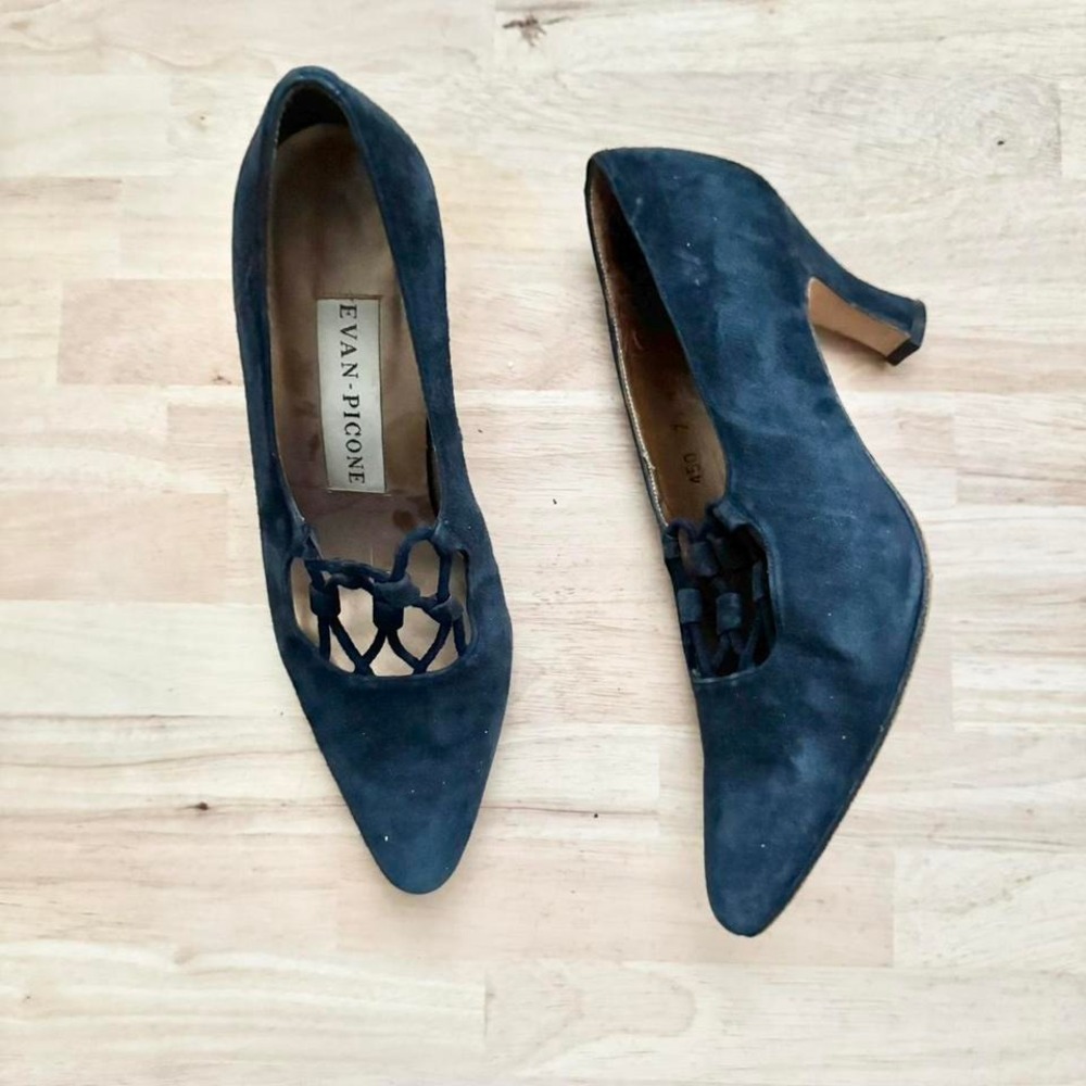 Vintage 90s Navy Blue Suede Heel Teal Size 7.5 Braided